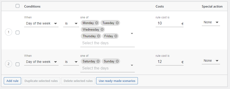 Costul de expediere WooCommerce în funcție de ziua săptămânii