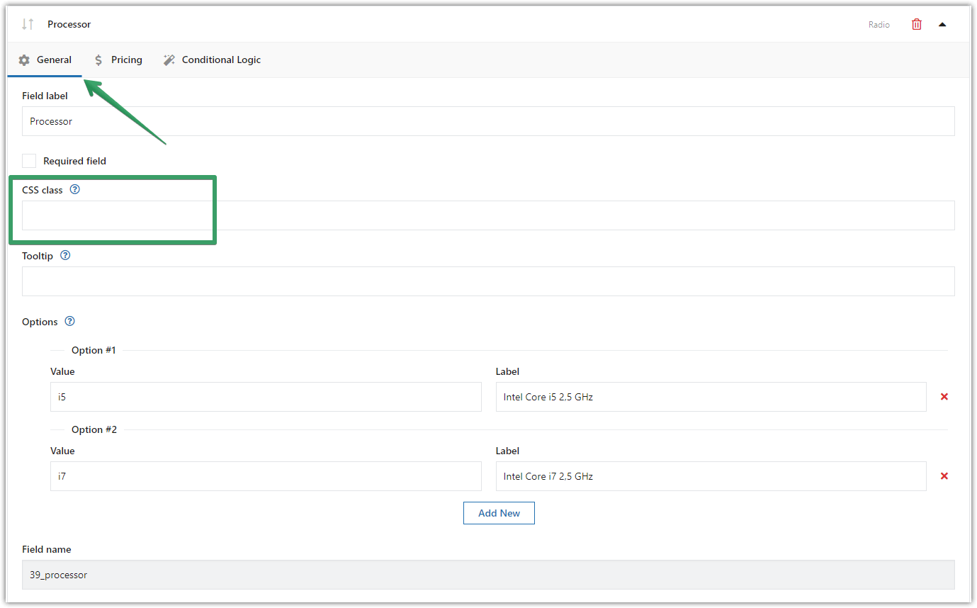 إعدادات فئة CSS لحقول المنتج