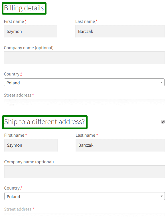 أقسام الفواتير وعنوان الشحن WooCommerce