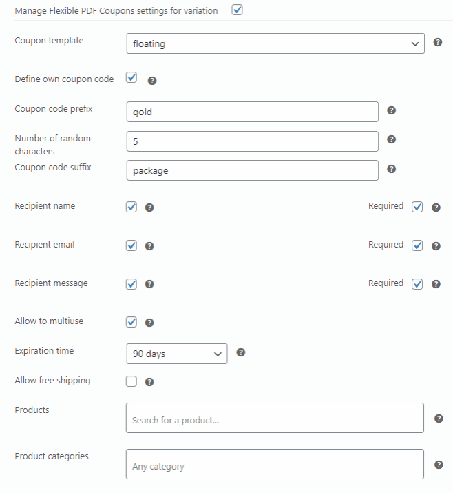 แพ็คเกจบัตรกำนัลทองคำ Woocommerce