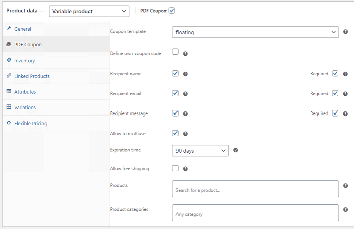 ปลั๊กอิน pdf บัตรกำนัล Woocommerce