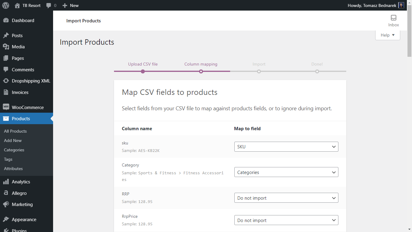 استيراد WooCommerce - تعيين حقول CSV للمنتجات