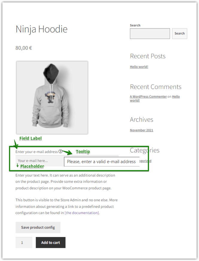 تحرير صفحة منتج WooCommerce: نتيجة حقل نص البريد الإلكتروني
