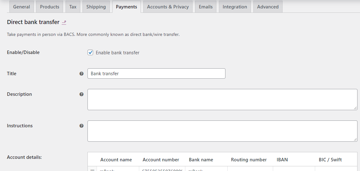 WooCommerce Manage Direct płatności przelewem bankowym - sposób zarządzania - opcje płatności