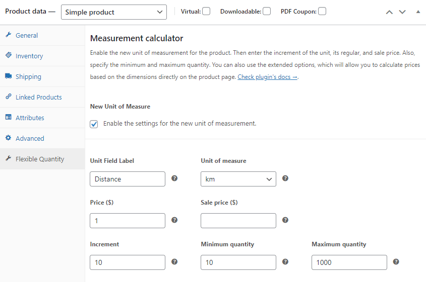 قم بتعيين وحدة قياس المنتج - الحقل ، والسعر ، وسعر البيع ، والزيادة ، والحد الأدنى والحد الأقصى للكمية