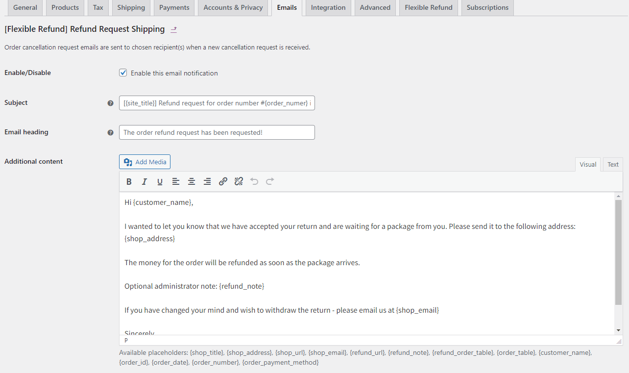 تخصيص رسائل البريد الإلكتروني لطلب استرداد الأموال في WooCommerce