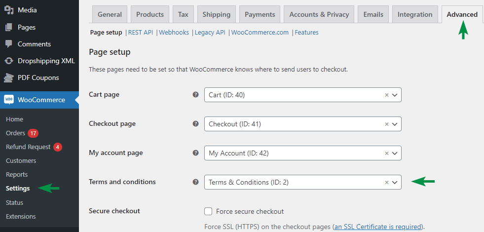 إعدادات WooCommerce المتقدمة لاختيار صفحة الشروط والأحكام