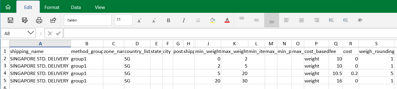 Singapore Post Shipping Rules w pliku CSV wygenerowanym przez wtyczkę