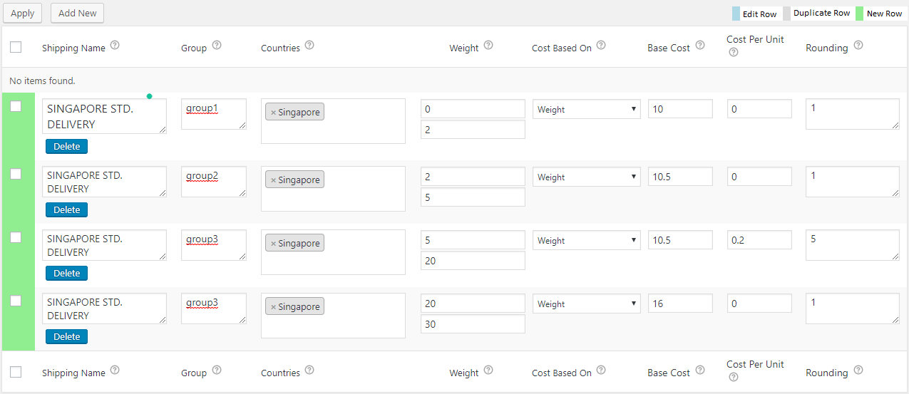 Singapur stawki wysyłek pocztowych skonfigurowane za pomocą wtyczki WooCommerce Table Rate