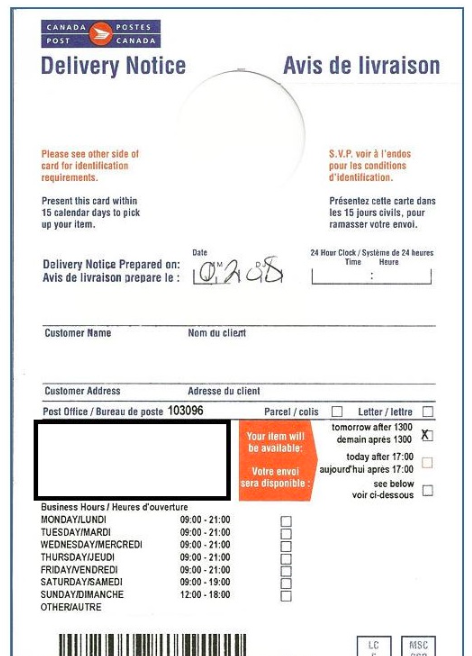 Avis de livraison de suivi de Postes Canada