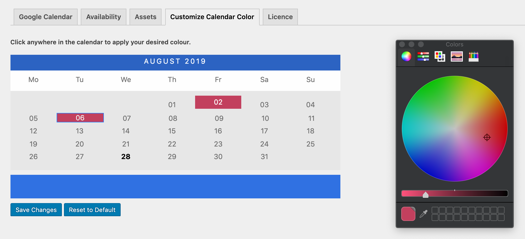 escolhendo o design do calendário de reservas