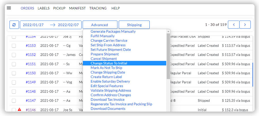 Changer le statut de la commande en initial