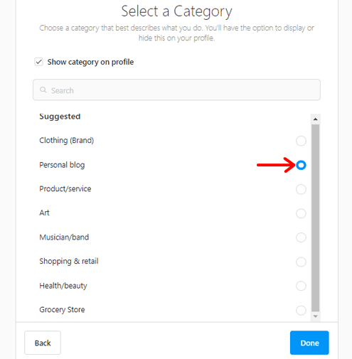 在Instagram上選擇個人博客的類別