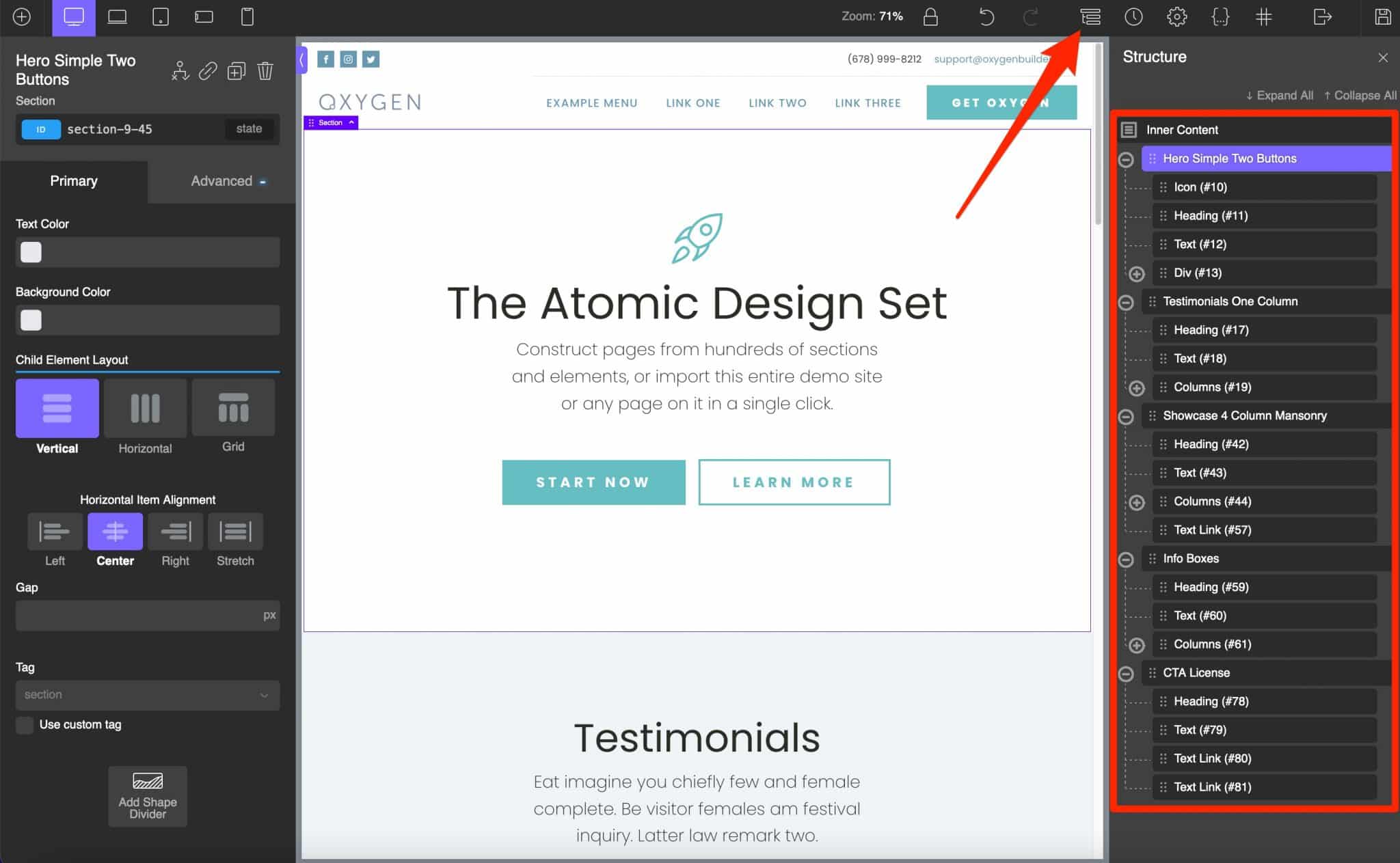 Le panneau de structure Oxygen Builder.