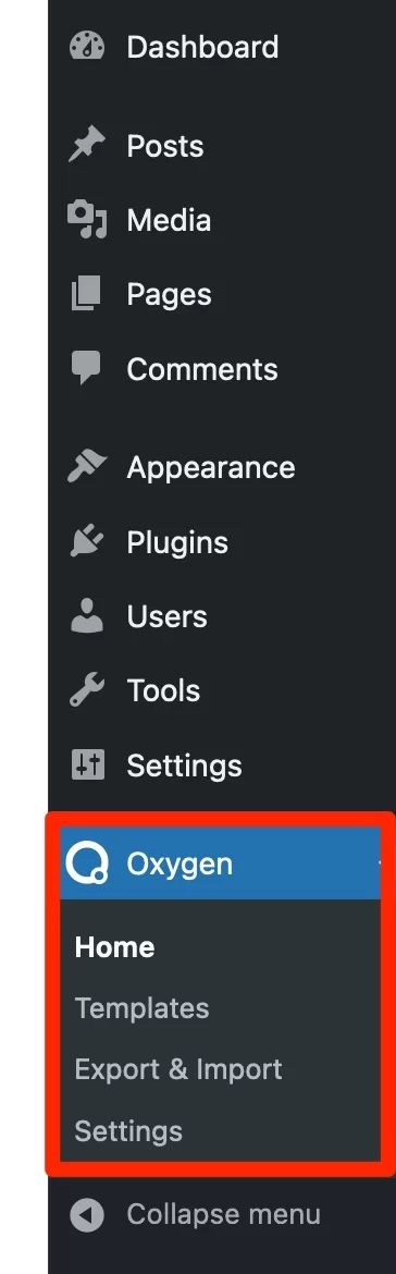 เมนู Oxygen Builder บน WordPress admin