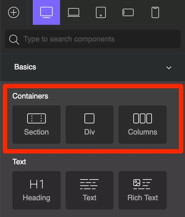 Oxygen Builder propose différents types de conteneurs.