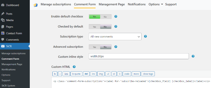 StCr settings in WordPress