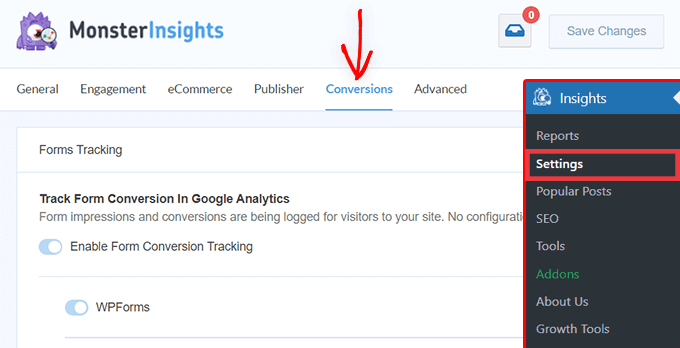 Configuración de MonsterInsights: pestaña de conversiones