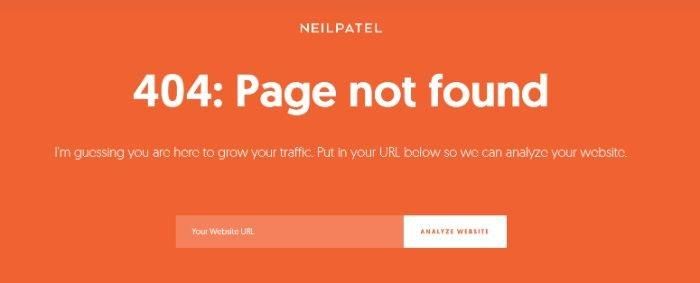 Neil Patel の Web ページの 404 エラー ページのスクリーンショット。