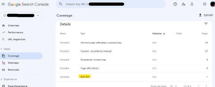 Google Search Console でソフト 404 エラーを見つける方法のスクリーンショット。