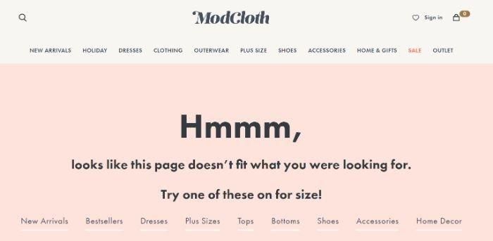 ソフト 404 エラーの Modcloth の 404 ページのスクリーンショット。