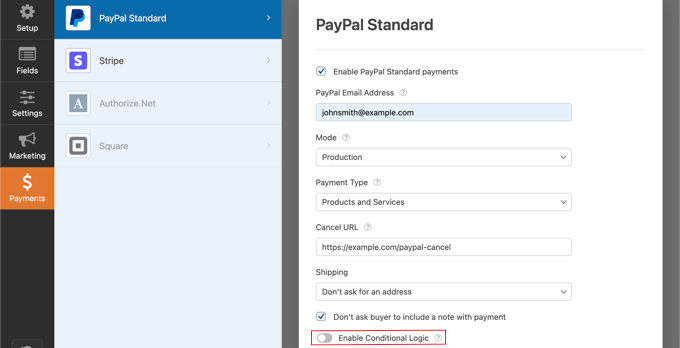 قم بتبديل خيار Enable Conditional Logic Option