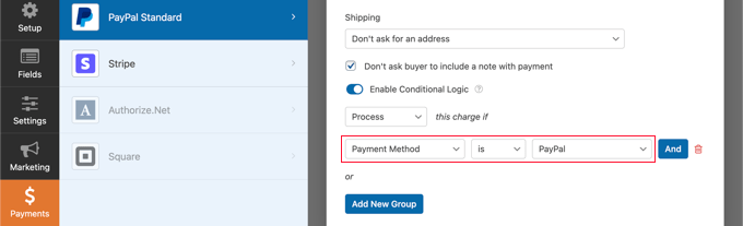 قم بتبديل خيار Enable Conditional Logic Option