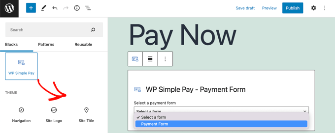 أضف WP Simple Pay Block إلى منشور أو صفحة