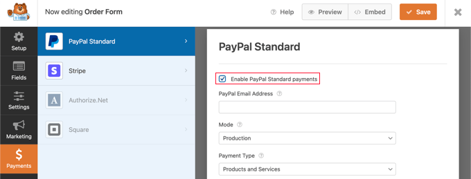 حدد مربع "تمكين مدفوعات PayPal القياسية"