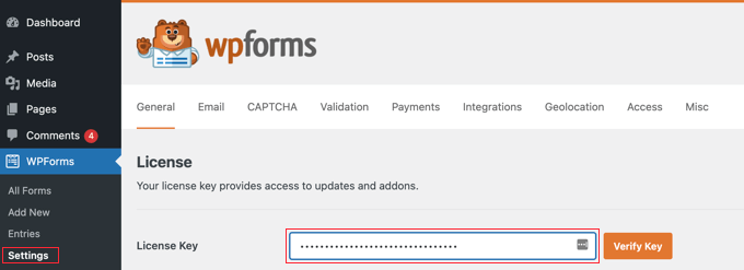 قم بزيارة WPForms »Settings Page لإدخال مفتاح الترخيص الخاص بك