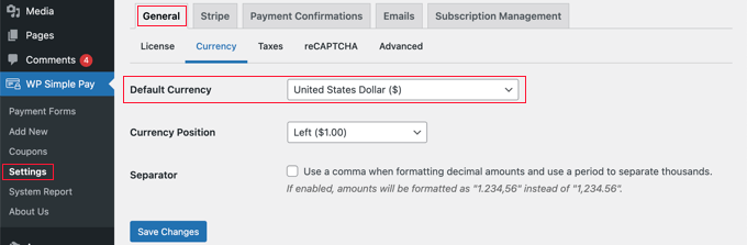 إذا لزم الأمر ، قم بتغيير العملة الافتراضية لـ WP Simple Pay