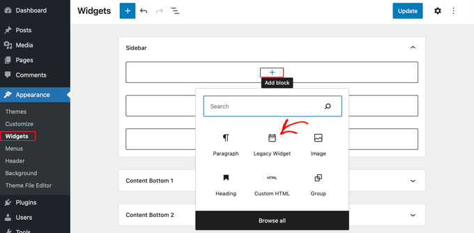 Adicione o widget legado à sua barra lateral