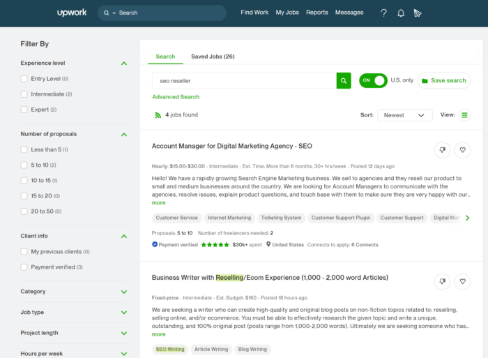 Ein Screenshot der Jobsuche-Seite von Upwork mit „seo reseller“ in der Suchleiste.