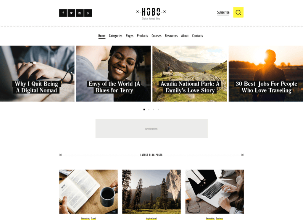 Hobo - ธีม WordPress บล็อกไลฟ์สไตล์การเดินทาง Nomad ดิจิทัล