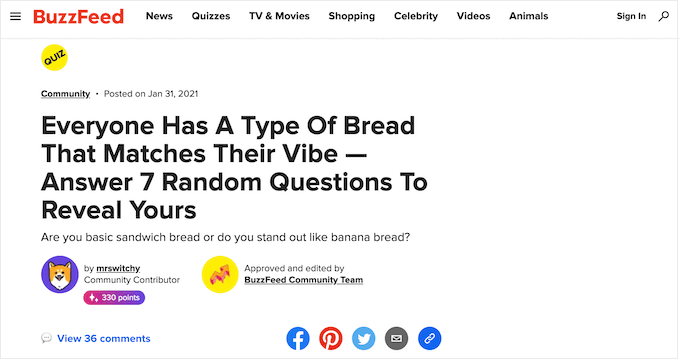 Un ejemplo de una prueba de Buzzfeed