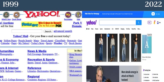 ノスタルジックなウェブサイト: Yahoo.左が1990年代のホームページ、右が現在のホームページ。