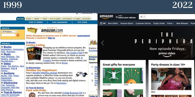 ノスタルジックなウェブサイト: Amazon.左の画像は 1999 年のサイト、右の画像は 2022 年の Amazon を示しています。