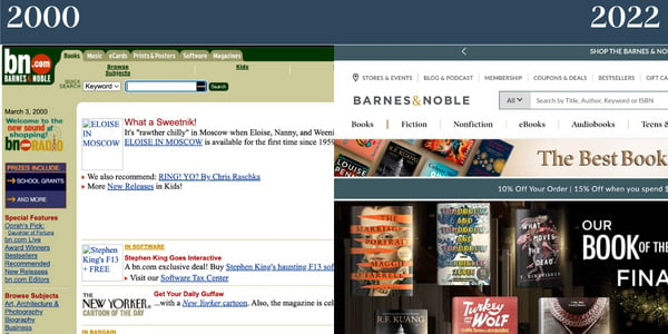 ノスタルジックなウェブサイト: Barnes and Noble.左は B&N の以前の Web サイト、右は今日の Barnes and Noble のサイトです。