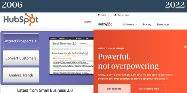 ノスタルジックなウェブサイト: 2006 年の HubSpot は、2022 年の HubSpot のホームページの横に表示されます。