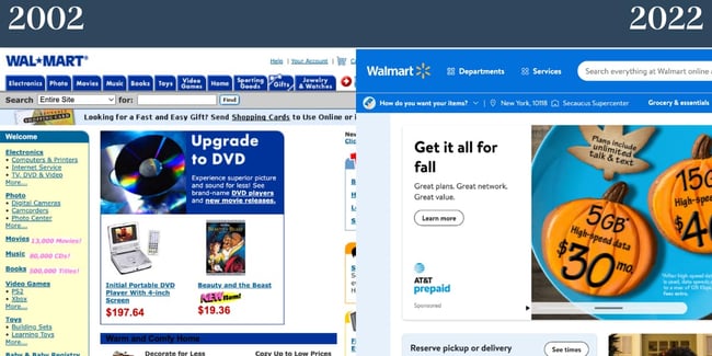 ノスタルジックなウェブサイト: ウォルマート。ウォルマートのウェブサイトの過去のバージョンは、2022 年のウェブサイトの横に表示されています。
