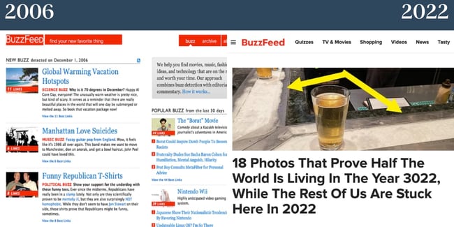 ノスタルジックなウェブサイト: 2006 年の Buzzfeed のホームページと 2022 年の比較。どちらもテキストをフィーチャーしていますが、2006 にはさらに多くのフィーチャーが含まれています。