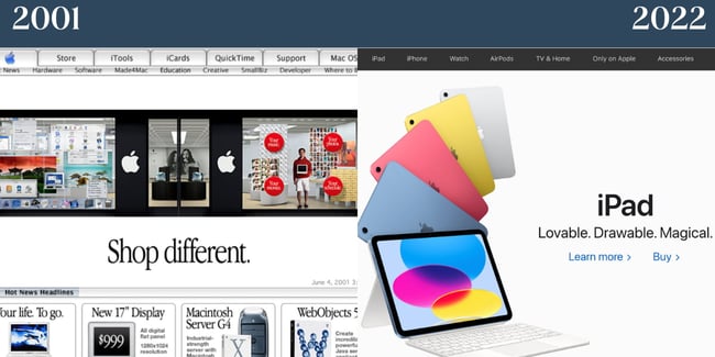 ノスタルジックなウェブサイト: Apple.画像は 2001 年の Apple ホームページと 2022 年のホームページを示しています。