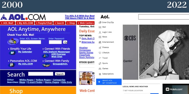 ノスタルジックなウェブサイト: AOL.左が2000年のAOL、右が2022年のAOL。