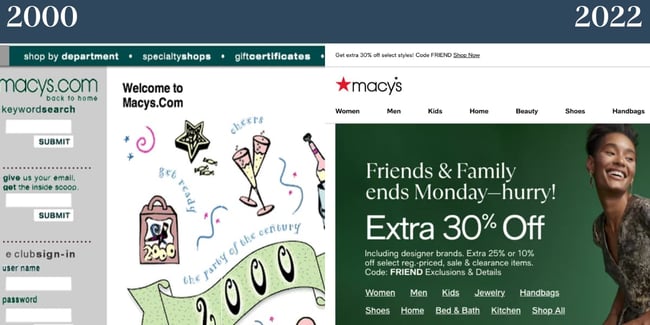 ノスタルジックなウェブサイト: メイシーズ。左が2000年のメイシーズ、右が2022年のメイシーズ。