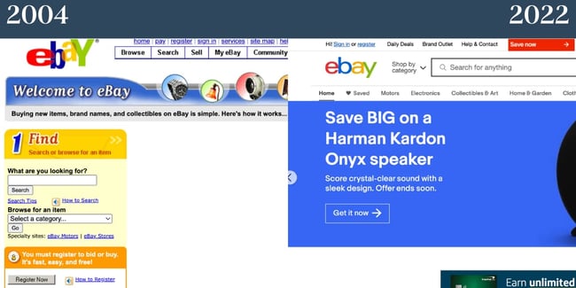 ノスタルジックなウェブサイト: eBay.左が2004年のeBayのホームページ、右が2022年のeBayのホームページ。