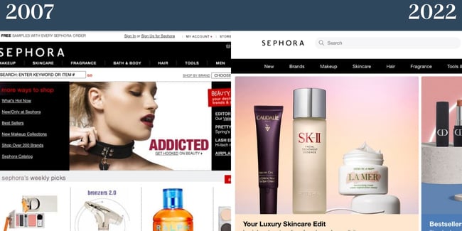 ノスタルジックなウェブサイト: Sephora.左が2000年代初頭のセフォラのウェブサイト、右が2022年の画像。