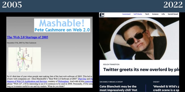 ノスタルジックなウェブサイト: 2005 年の Mashable と 2022 年の Mashable のホームページ。