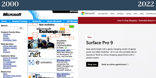 懐かしのWebサイト：2000年代と2022年のMicrosoftのホームページを比較。