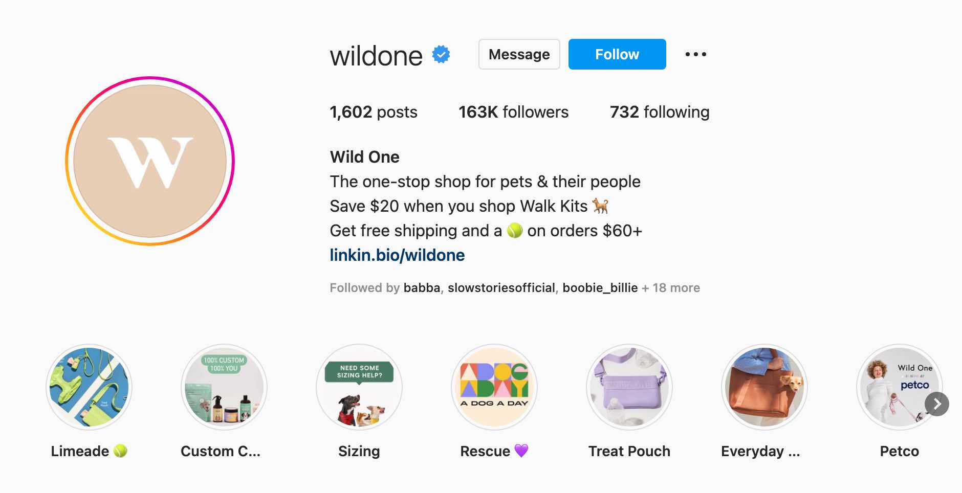 marketing pe instagram pentru afaceri mici, marca de animale de companie Wild One își folosește biografia Instagram pentru a-și promova promoțiile pentru întreprinderile mici.