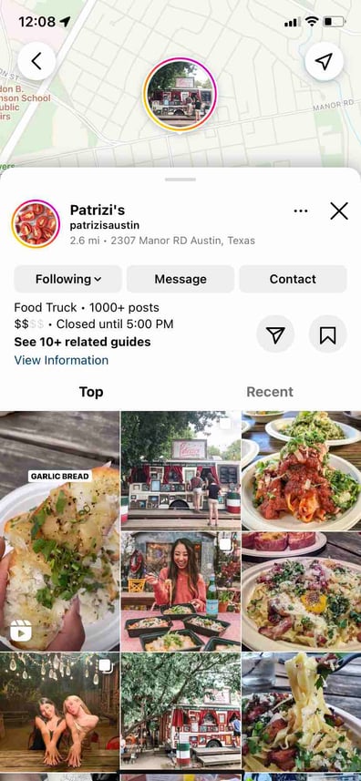 marketing pe instagram pentru afaceri mici, eticheta geografică Instagram rezultă pentru afacerea mică de camion de alimentare din Austin, Patrizi’s